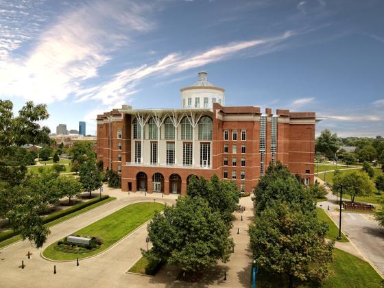 Aerial view of the front of William T. Young Library during a sunny day